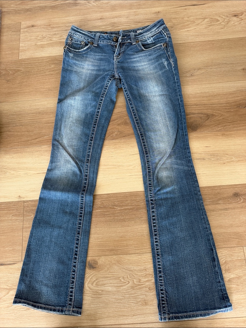 Miss Me Blue Flare Jeans with Faded Whiskering